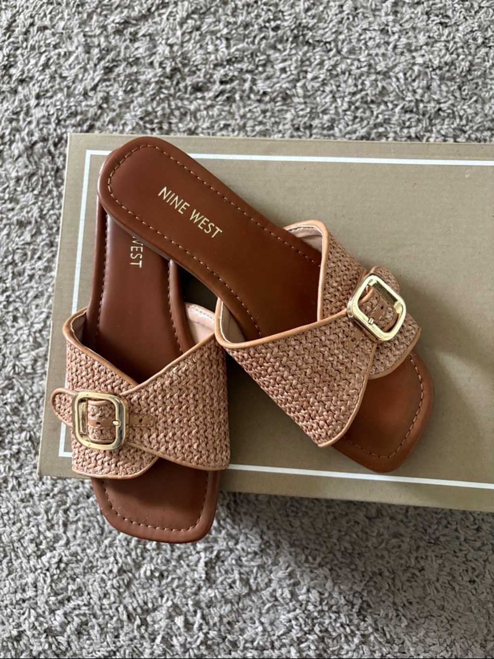 Nine West Tan Woven Buckle Slide Sandals with Gold Buckles